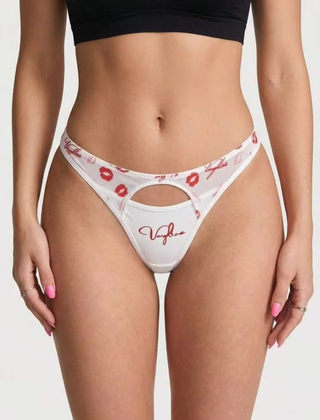 Women's White V-Waist Keyhole Thong Panties with Red Lip Print & Script Embroidery